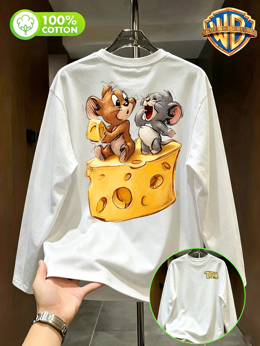 Authorized by Warner Bros., Printed 100% Pure T-Shirt, Men'S Comfortable And Versatile Loose Summer | Autumn | Long Sleeve T-Shirt, Suitable for Outdoor Sports, Gym, And Multi-Functional Sports Casual Loose Wear - White
