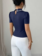 Women'S Fashion Spring/Summer Style Date Socialite Style Neckline Faux Pearl Embellished T-Shirt Slim Fit Puff Sleeve Lapel Short Sleeve Elegant And Short Top - Navy Color