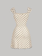 Square Neck Dress, Summer Pure Desire Style Bow Waist Cinching Short Bodycon Skirt, Sweet Style Printed Dress, Summer Date Ribbon Bow Waist Cinching Mesh Mini Skirt, Suitable for Birthday Parties, Weekend Parties, and Vacation Outings - Apricot