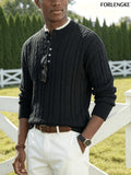 FORLENGKE Autumn and Winter Men's Henry Collar Cable Knit Sweater with a Vintage 3D Twist Texture, Half-High Neck Long Sleeve Pullover, Exquisite Half-Button Design, Perfect for Casual Layering or Wearing Alone for Everyday Outings or Dates - Black