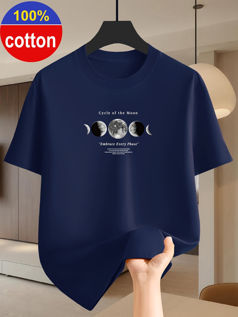 100% Cotton Summer Short-sleeve T-shirt with Simple and Stylish Printed Patterns, Available in Wine Red/green/dark Blue. Made of Cotton Fabric for Comfortable Wear, Suitable as a Holiday Gift - Navy Color