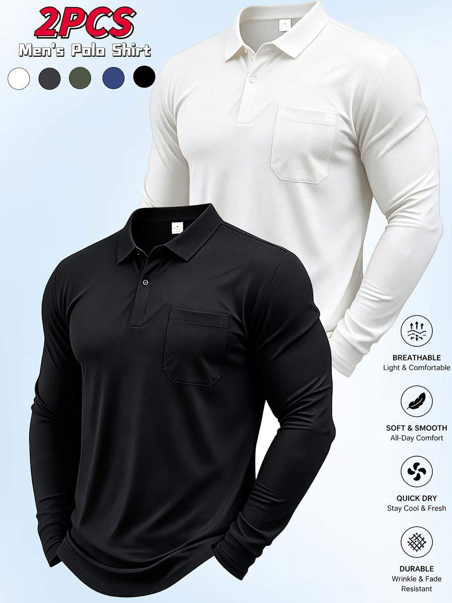 2pcs Men'S Long Sleeve Polo Shirt with Chest Pocket Design, Soft, Smooth, Wrinkle-Resistant And Casual Button Neck T-Shirt, Suitable for Spring And Autumn Wear, Lightweight Daily Commuting, Outdoor Sports, Business Basic Clothing - Black+White