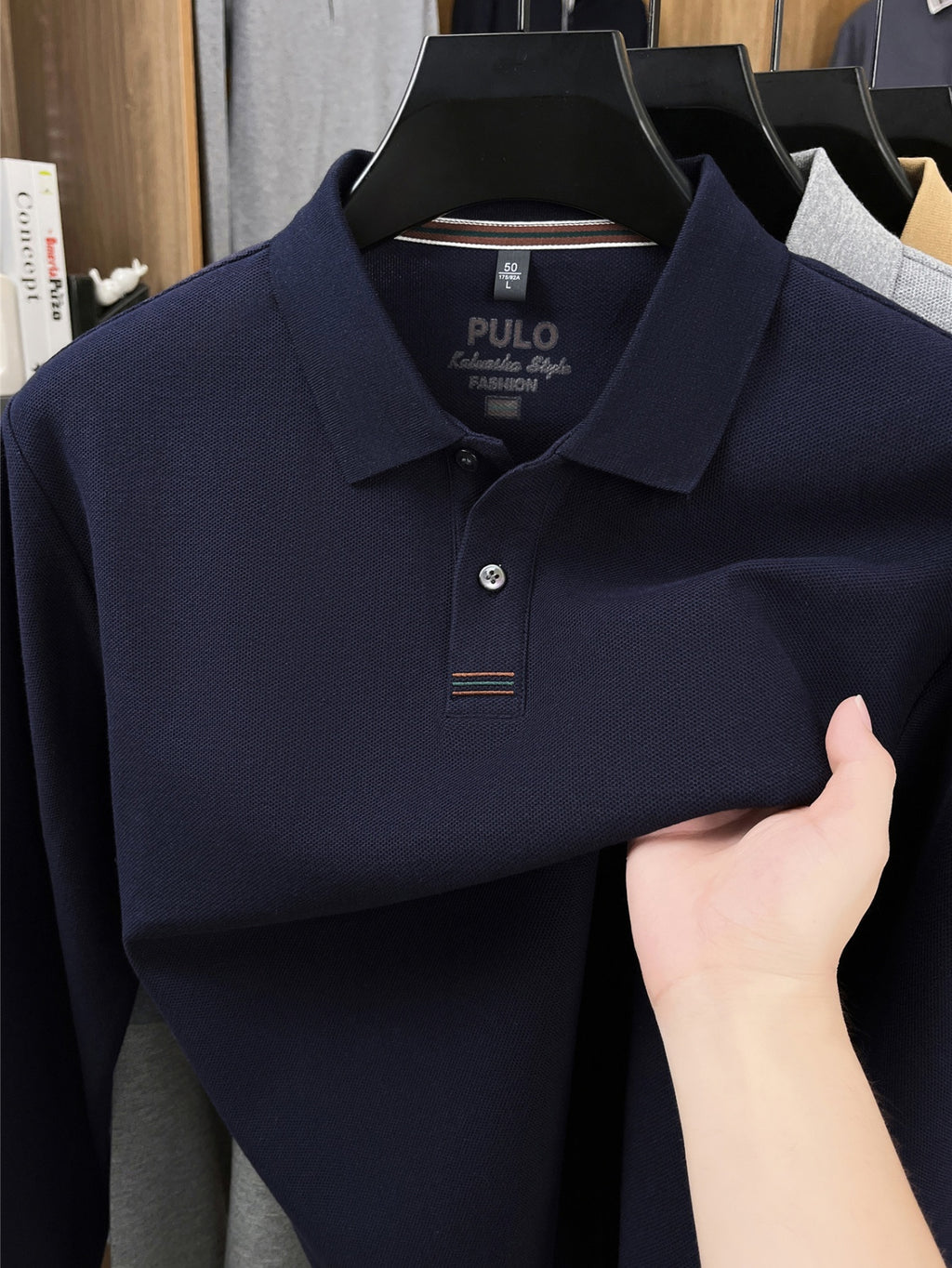 Men's Golf, Casual, Fishing, Tennis, Sports Solid Color Top, Spring/Autumn Apparel for Middle-aged and Young Men, Soft and Skin-friendly Piqué Pure Fabric, Long-Sleeve Polo Shirt, Men's Long-Sleeve T-Shirt, New Spring/Autumn Casual Turn- Collar Solid - On Cyan