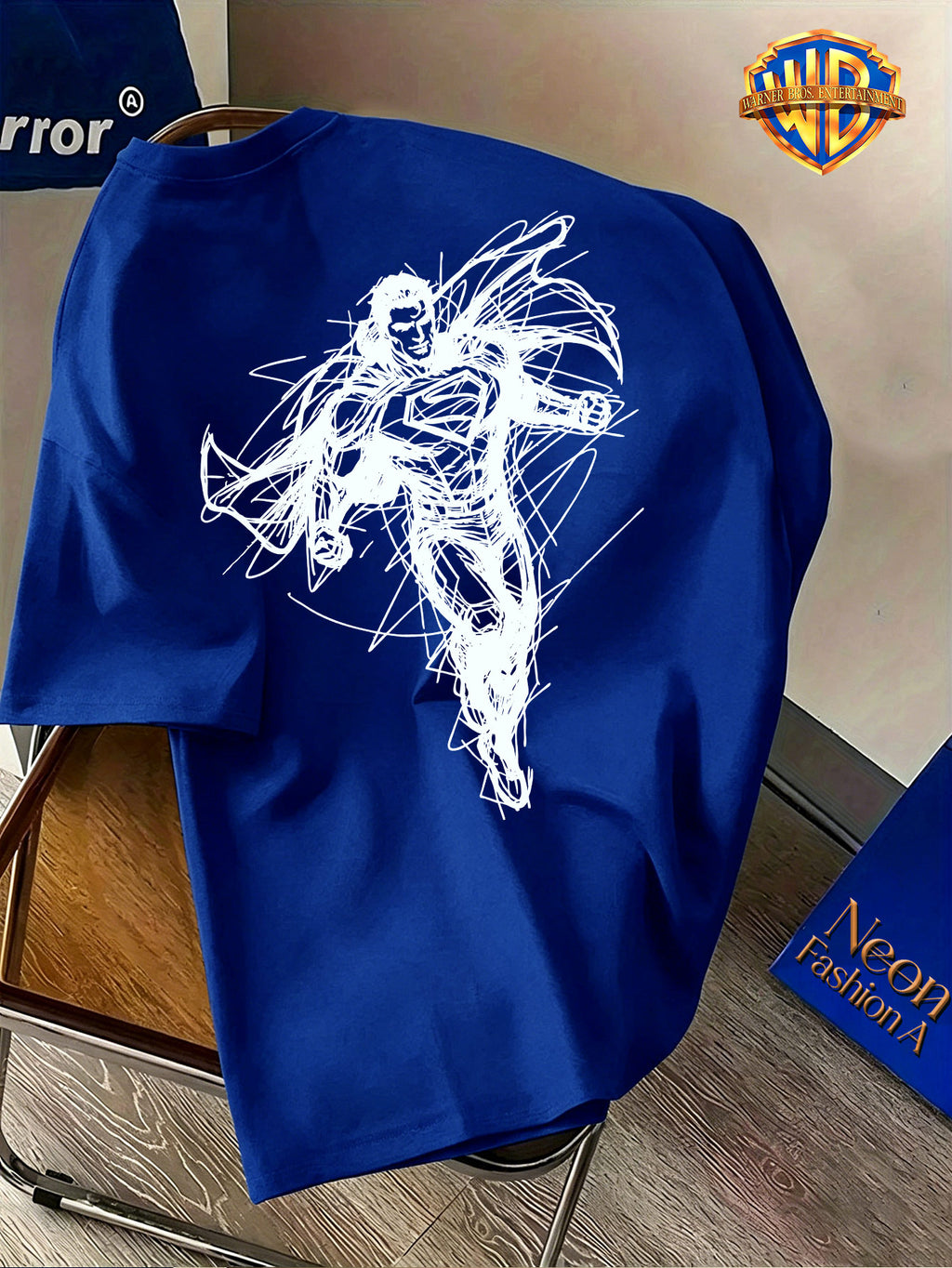 Warner Bros. Official Back-to-School Season Men's Casual T-Shirt, Soft and Breathable Lightweight Short-Sleeve Fabric, DC Superman Core S Logo Black and White Sketch Line American Anime Print, Light and Comfortable Fit, Suitable for Daily Wear - Royal Blue