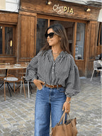 Fresh Plaid V-Neck Loose Fit Commuter Long Sleeve Shirt with Contrast Color Plaid and Front Buttons - Black