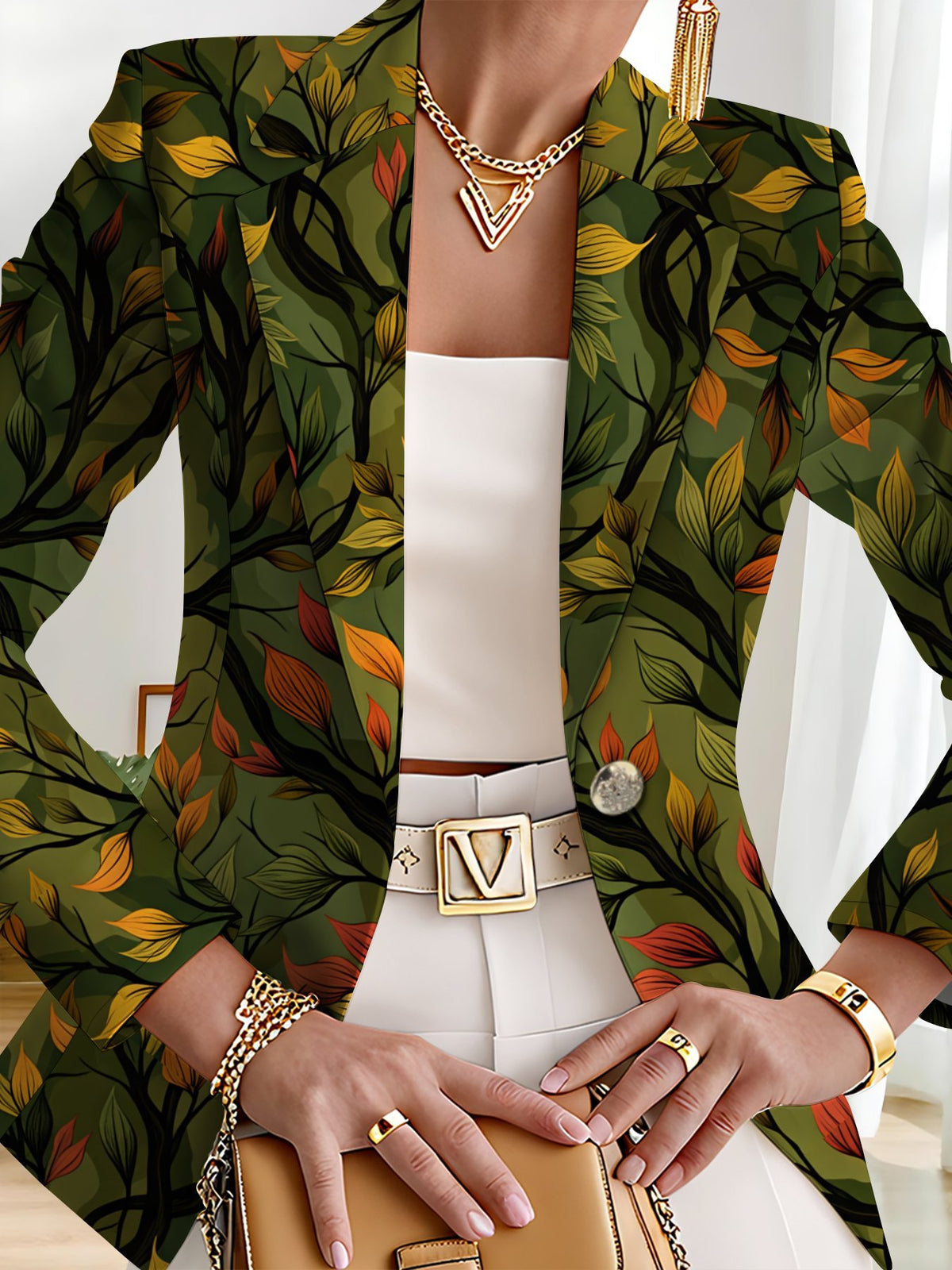 This Stylish And Elegant Women'S Blazer Is Designed Specifically for Spring And Autumn. As a Versatile Lapel Jacket, It Is Suitable for a Wide Range of Occasions, Offering a Look That Is Both Creative And Highly Fashionable - Green Base Orange