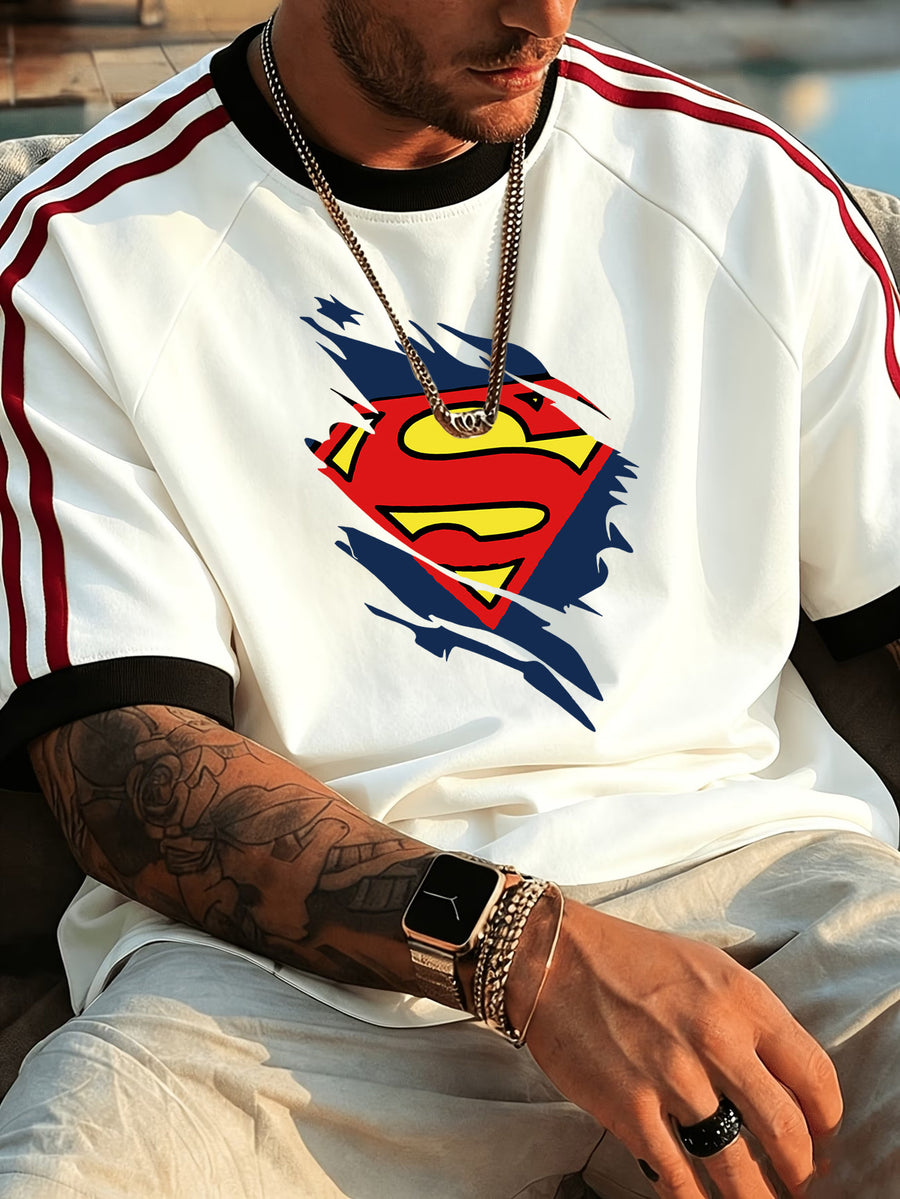 Officially Licensed by Warner Bros. - Men'S 100% Crew Neck Short Sleeve T-Shirt. This New Summer 2026 Style Features a Breathable, Skin-Friendly Fabric with a Torn-Effect Superman Logo Print That Exudes a Fresh, Summery Vibe. The Contrasting S - White