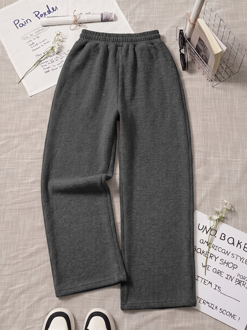 Autumn Winter Women'S Solid Color Elastic Waist Casual Long Pants, Basic MILANO ITALY Letter Print Ribbed Wide-Leg Trousers, Korean Style Easy Drapey Straight Casual Pants for Daily Commute, Warm Casual Sweatpants for Home And Out - Dark Gray