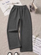 Autumn Winter Women'S Solid Color Elastic Waist Casual Long Pants, Basic MILANO ITALY Letter Print Ribbed Wide-Leg Trousers, Korean Style Easy Drapey Straight Casual Pants for Daily Commute, Warm Casual Sweatpants for Home And Out - Dark Gray