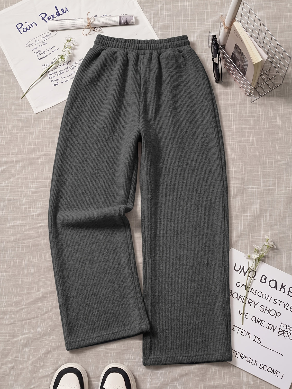 Autumn Winter Women'S Solid Color Elastic Waist Casual Long Pants, Basic MILANO ITALY Letter Print Ribbed Wide-Leg Trousers, Korean Style Easy Drapey Straight Casual Pants for Daily Commute, Warm Casual Sweatpants for Home And Out - Dark Gray