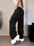 D355- Women'S Casual Pants, Creative Design Floral Print, Fashionable Cargo Pants-Why1526 - Black