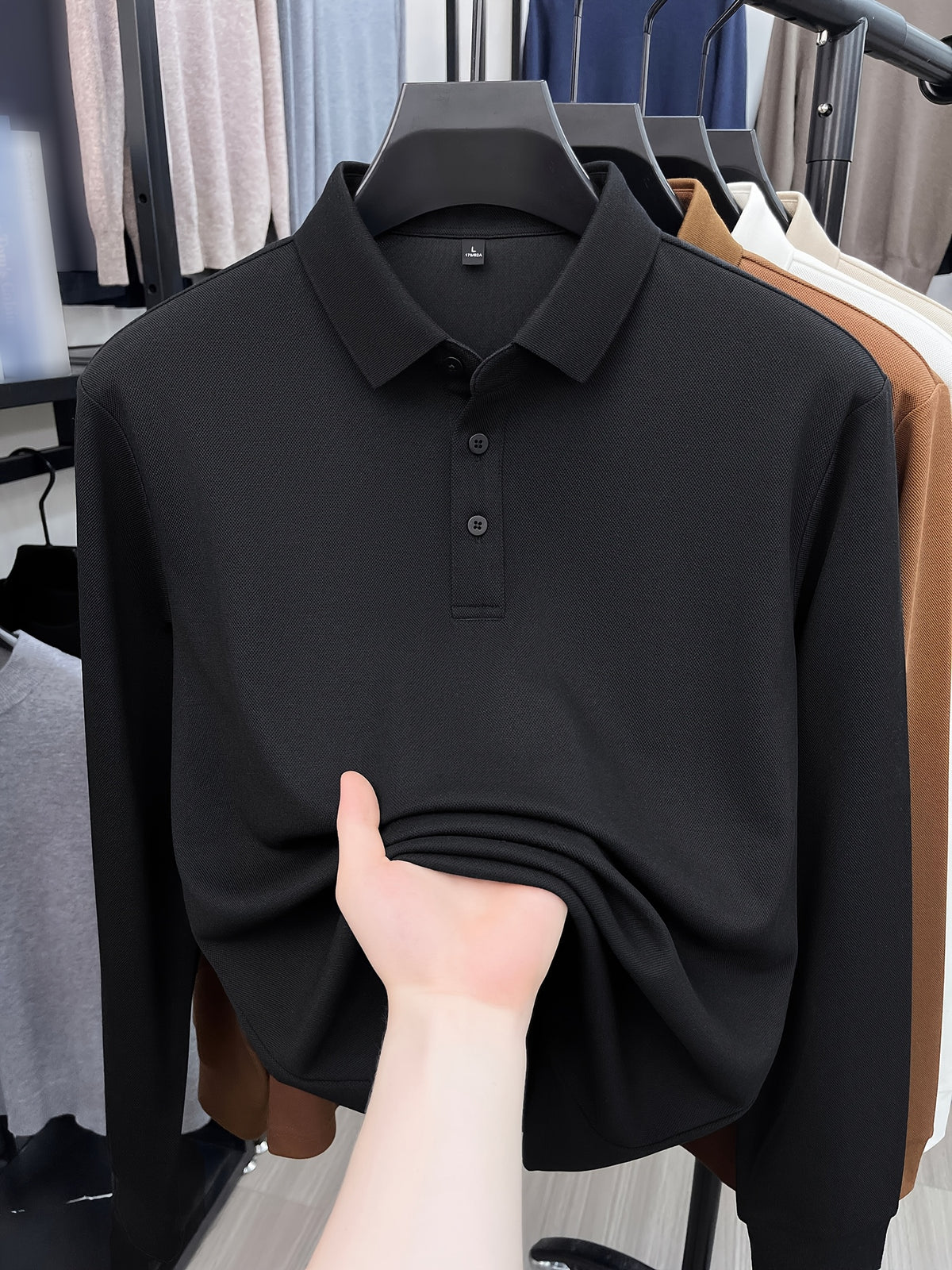 Autumn New Men'S Long Sleeve Henley Polo Shirt, Easy Lapel 3-Button Top, Casual Commute Wear, Comfortable And Skin-Friendly, Versatile Basic Men'S Clothing, Spring/Autumn Inner And Outer Wear, Can Be Worn Alone Or Layered with Jacket, Men'S Gift - Black