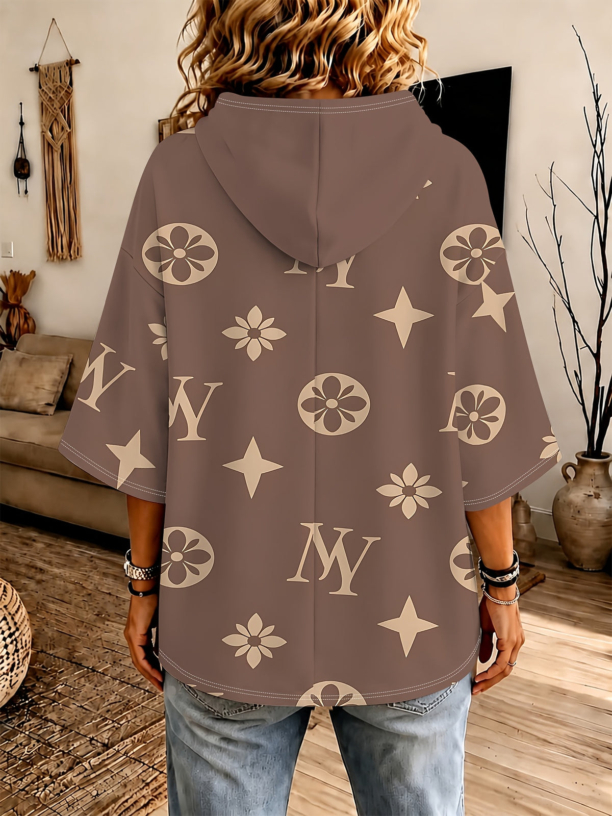 Women's Brown Hooded Sweatshirt with Three-Quarter Sleeves, Featuring a Letter, Star, and Floral Print, Loose Fit with Drawstring, Casual and Versatile Pullover Top - Mixed colors