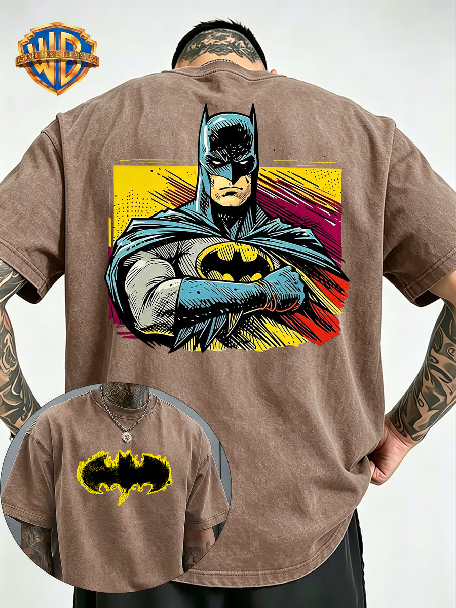 Men'S Washed Short Sleeve T-Shirt, Classic Batman Print on Back, Bold Bat Symbol on Chest, Retro Comic Style Design, Premium Fabric Soft And Breathable, Suitable for Casual Wear, Essential for Trendy Street Style - Khaki