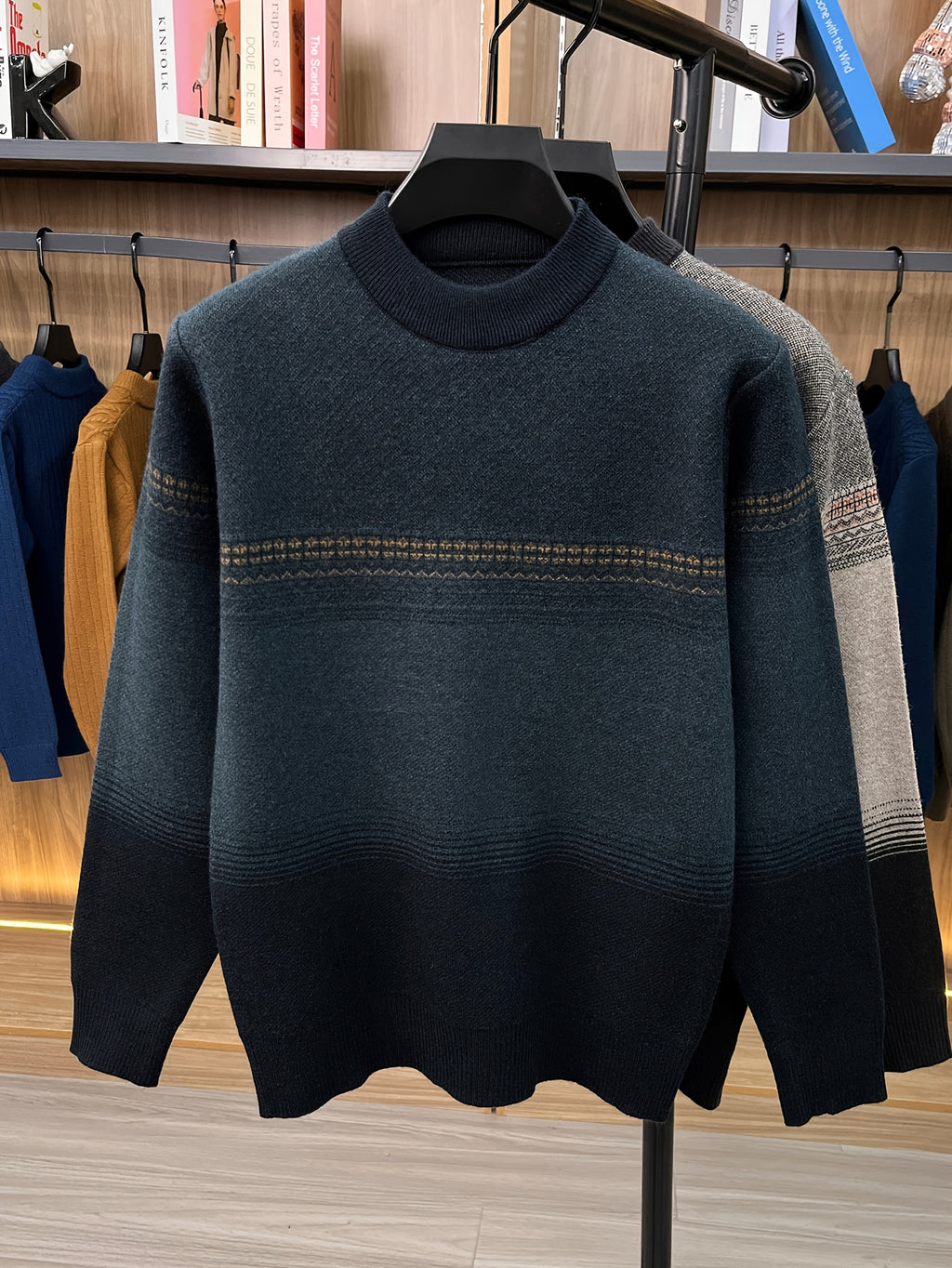 Men's Simple Knit Autumn/Winter Warm Color-Block Versatile Crew Neck Sweater - Dark Green