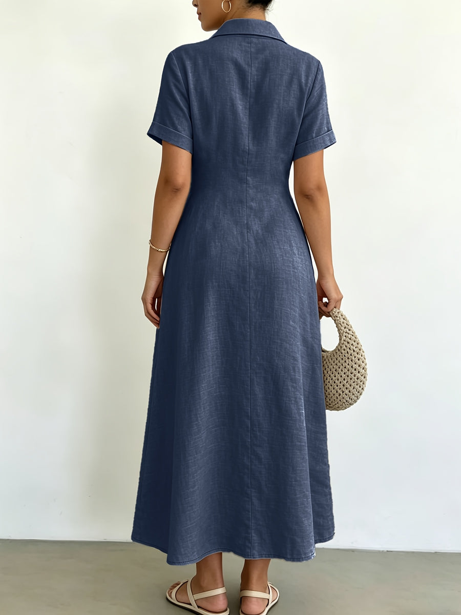 Women's Blended Fabric Shirt Dress with Lapel Collar, Half-Button Short Sleeves, A-Line Midi Length, Summer Casual Light Business Commuter Dress - Navy Color