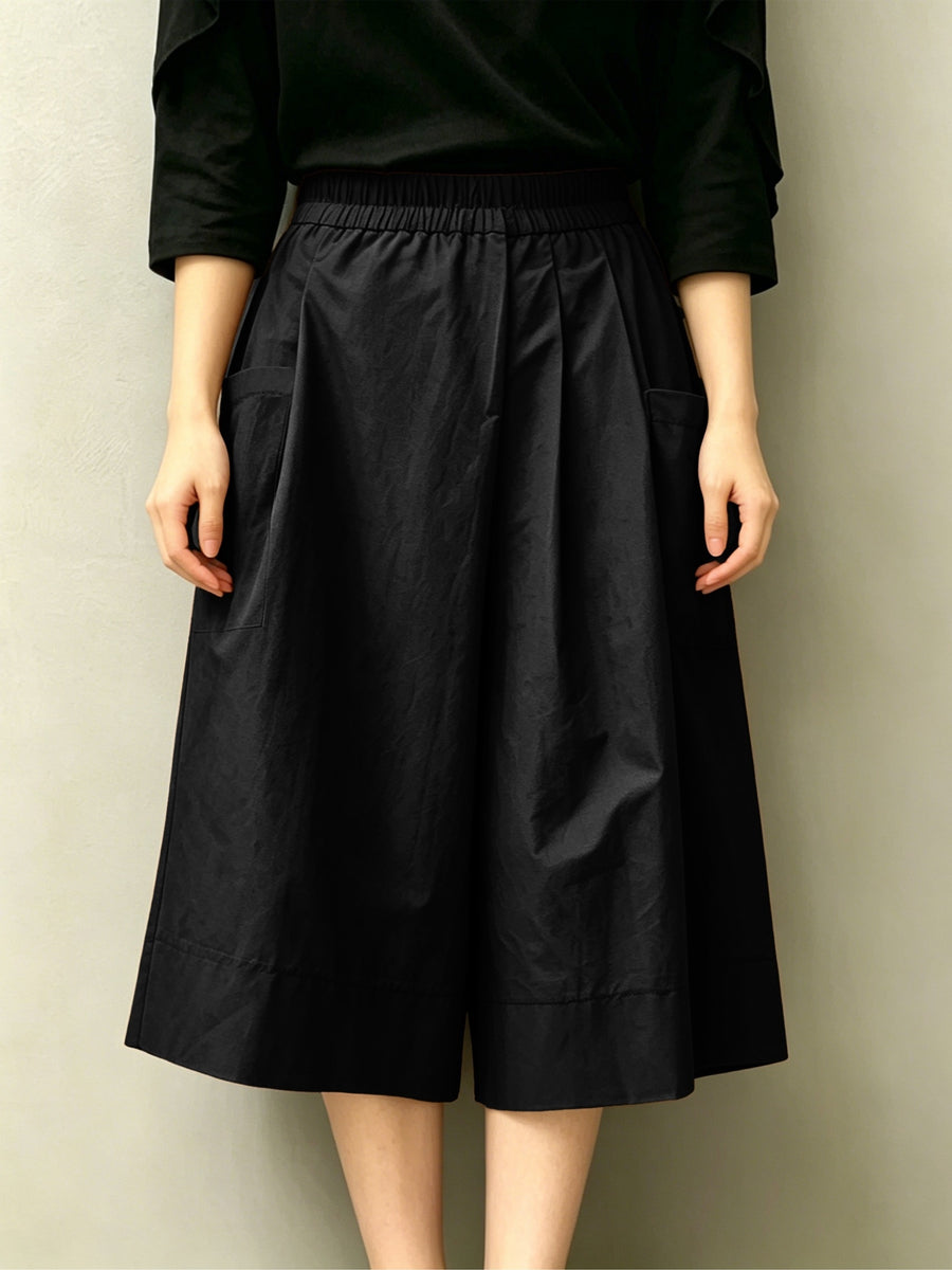 High-Waist Elastic Waist Women'S Capri Wide-Leg Skirt Pants, Side Large Pocket Design, Loose Skirt Silhouette, Breathable Fabric, Summer Casual Wear Choice - Black