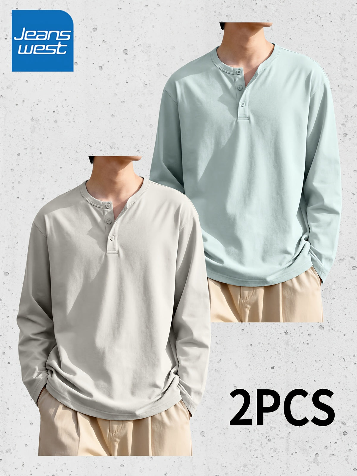 (Set of Two) JEANSWEST Men'S Long-Sleeve Henley Shirts for Spring And Fall - Gray Apricot + Light Gray Green