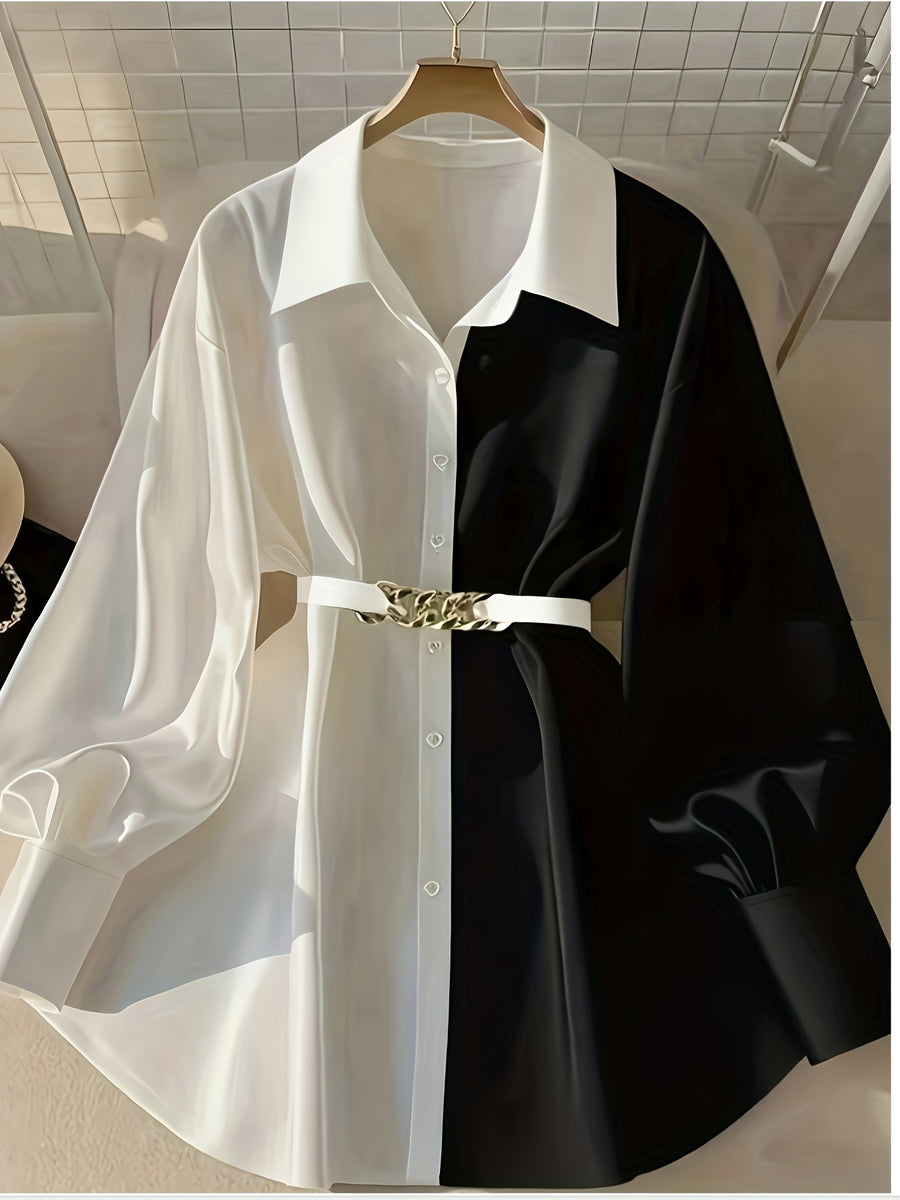 Vacation Style Women'S Color Matching Casual Retro Popular Single-Breasted Hardware Decoration (With Collar) Fashionable Shirt Top - White