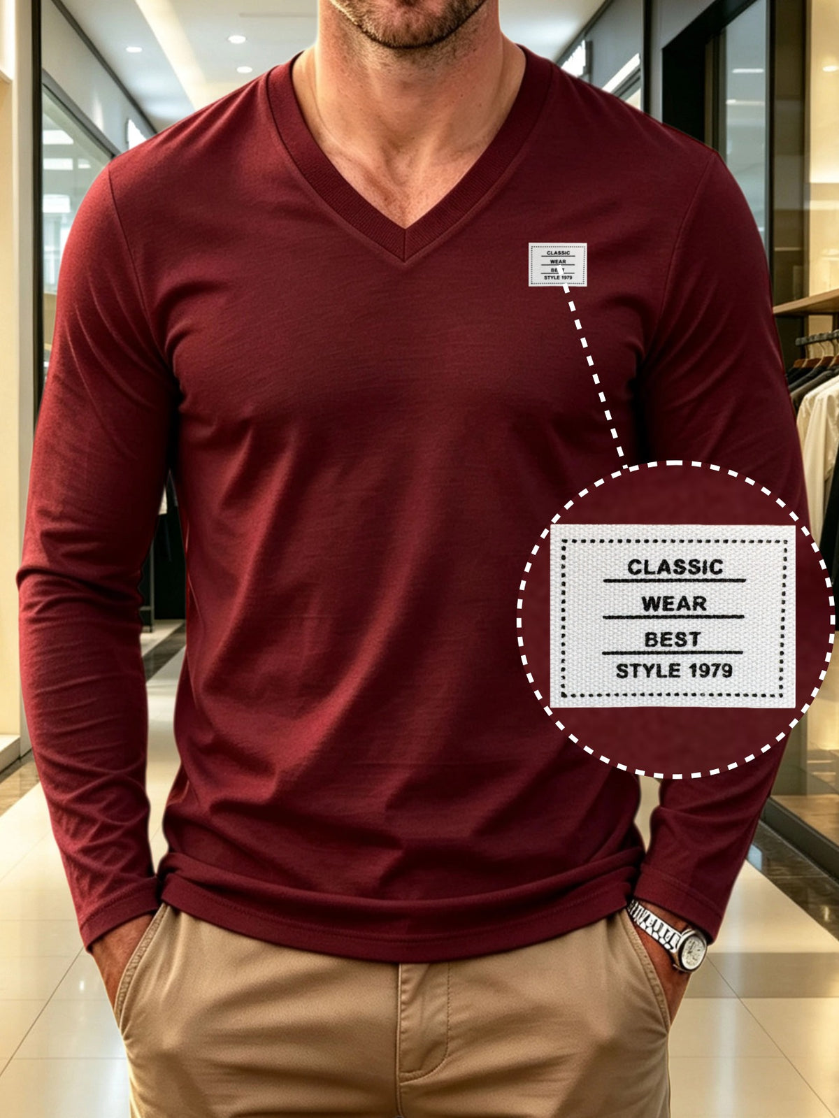 100%, Men'S V-Neck Long Sleeve Short-Sleeve T-Shirt, Men'S Knit Sweatshirt, Casual Sports Outdoor Top, Men'S Casual All-Match T-Shirt, Back to School Season, Gift for Friends - Burgundy