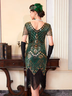 1920S Vintage Sequin Dress Gatsby Party Tassel Dress Evening Banquet Dance Dress Sequined Dress (Single Dress, Gloves And Additions Not Included) - Golden Green