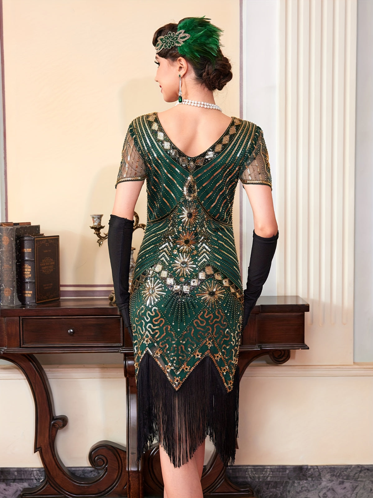1920S Vintage Sequin Dress Gatsby Party Tassel Dress Evening Banquet Dance Dress Sequined Dress (Single Dress, Gloves And Additions Not Included) - Golden Green