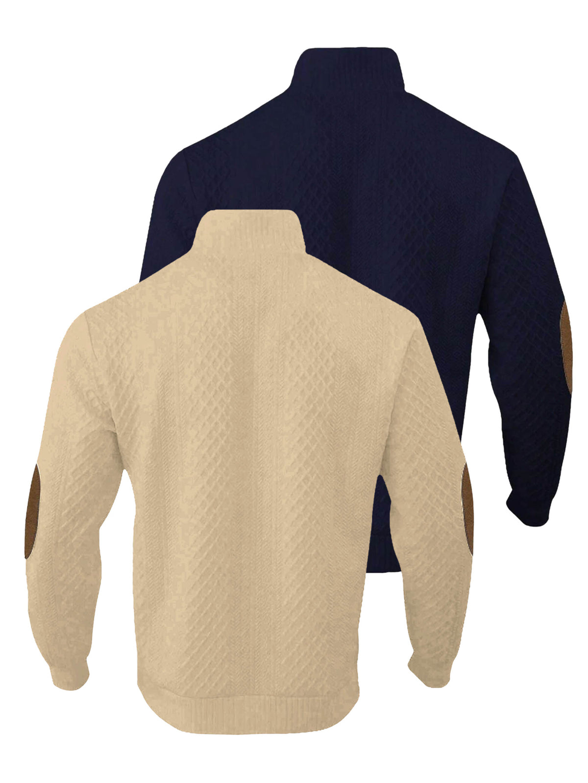 2pcs Men's Stand Collar Jacquard Knit Henley Shirts, Mature Vintage High Neck Pullover Polo, Random Texture Color-Block Collar Jacquard Patchwork Design, Suitable for Outdoor Casual Sports Wear, Ideal as Men's Birthday Gift, Outdoor Clothing - Navy Blue + Apricot