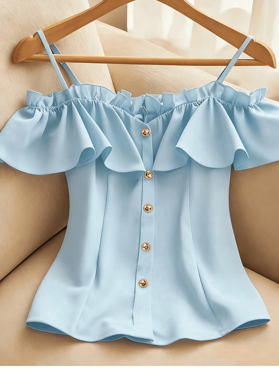 Women's Summer Casual Solid Color Off-Shoulder Ruffle Camisole Tank Top - Sky Blue