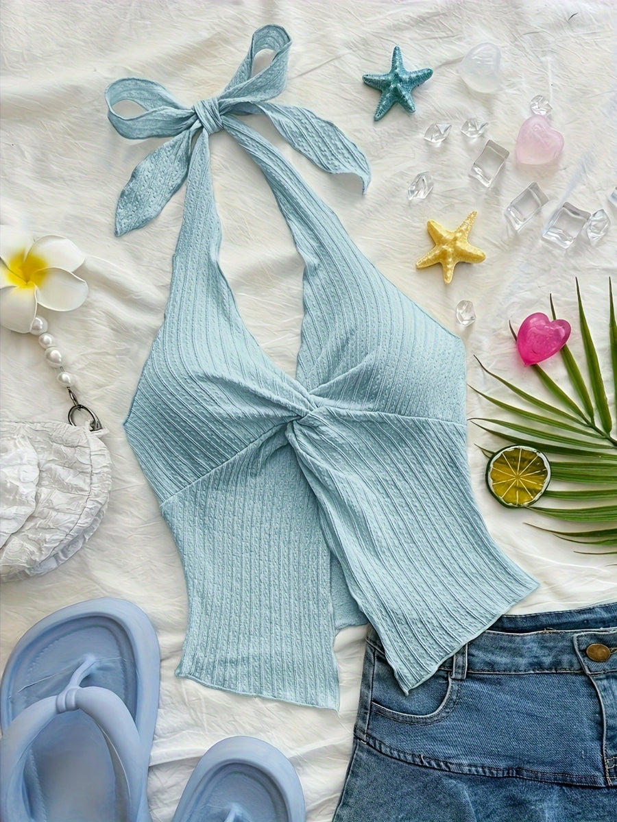 Fashionable And Sexy Sleeveless Top with a Tie, Twisted Hem, Side Slits, And an Open Back - Light Blue