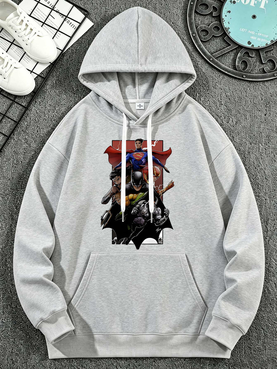 Warner Bros. DC Authorizes Justice League Multi Hero Bat Logo Collection Print Superhero Casual Hooded Sweatshirt - Light Grey