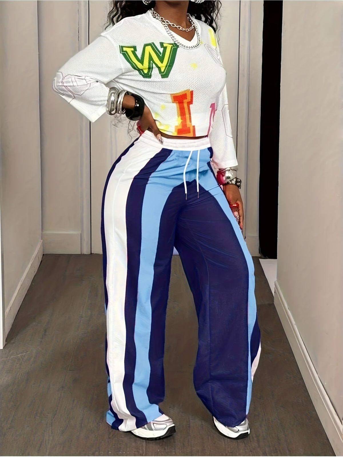 Women's Wide-Leg Trousers with Drawstring Waist - Loose-Fit Patchwork Pants Suitable for - Wear, Machine Washable Tapered Leg for Casual & Professional Outfits, Non-Stretch Wide Pants - Mixed Color 4