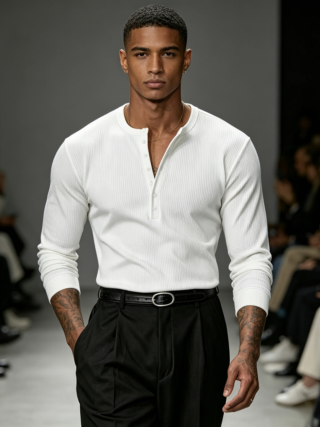 [Josh Mei OBM] Western Minimalist Men'S White Henley Shirt, Premium Gray Texture V-Neck Top, Urban Gentleman Casual Commute Wear - White