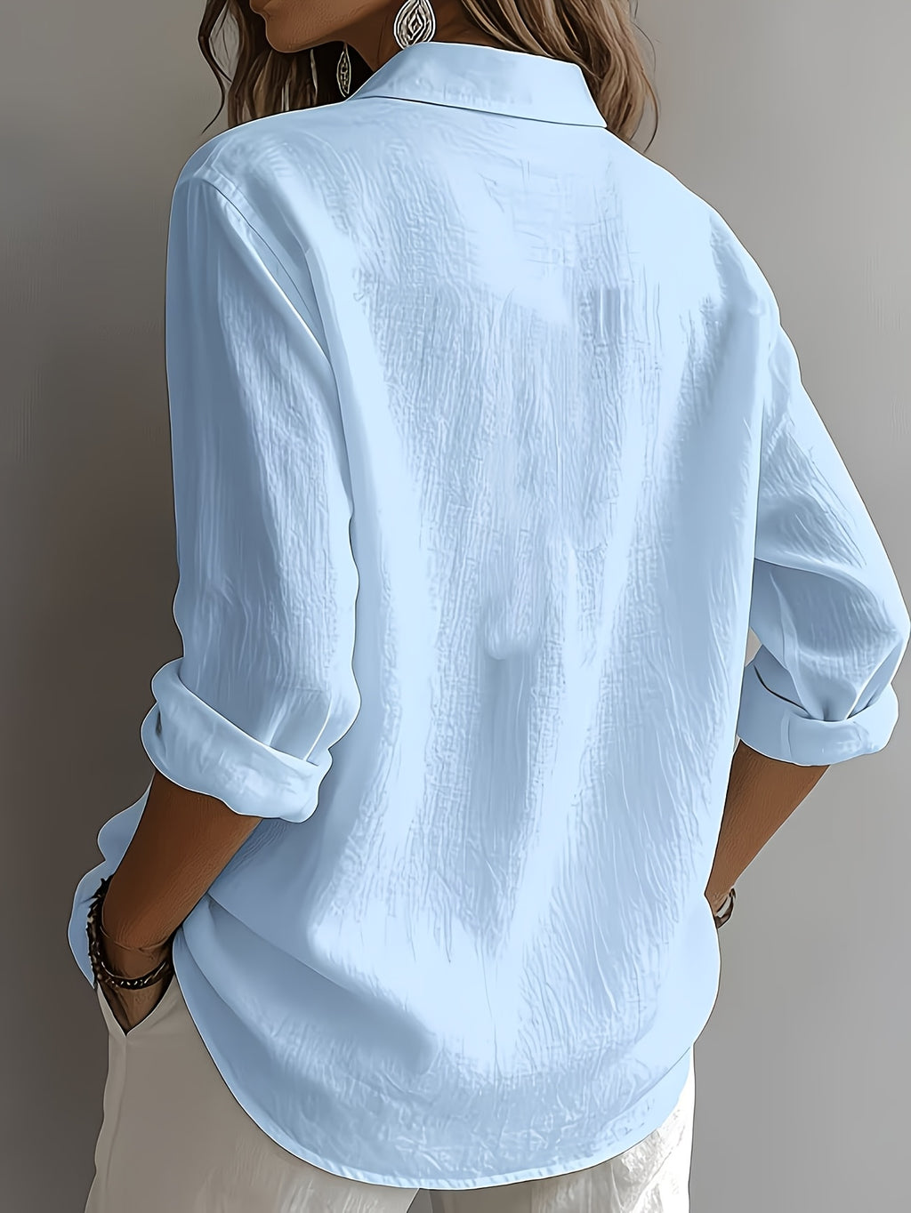 Women's Elegant V-Neck Loose Fit Lazy Linen Textured Shirt - Sky Blue