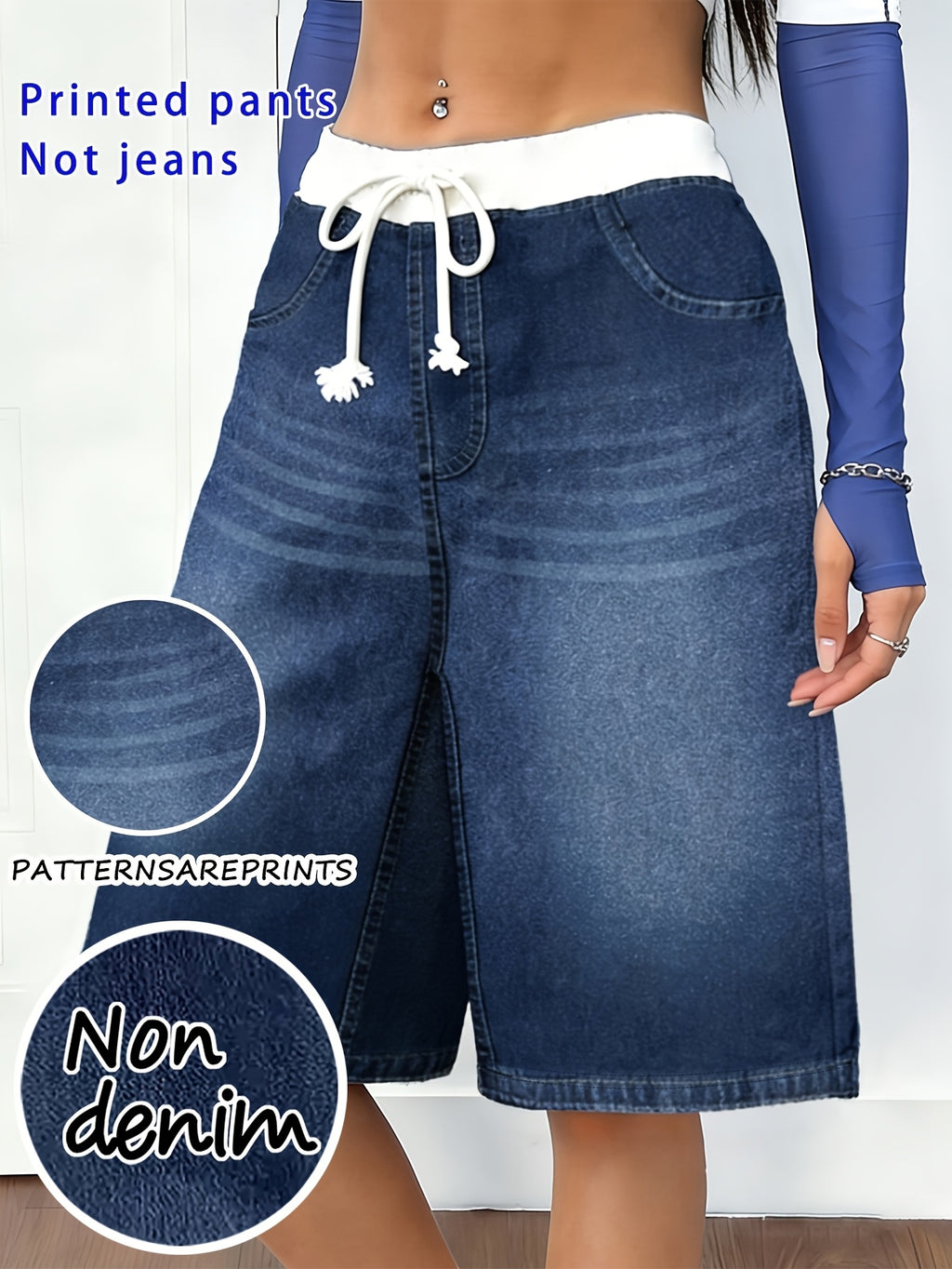 [Printed Pants - Not Faux Denim Fabric]Women'S Digital Print Leggings with Faux Denim Look, Not Actual Faux Denim Fabric - Navy Color