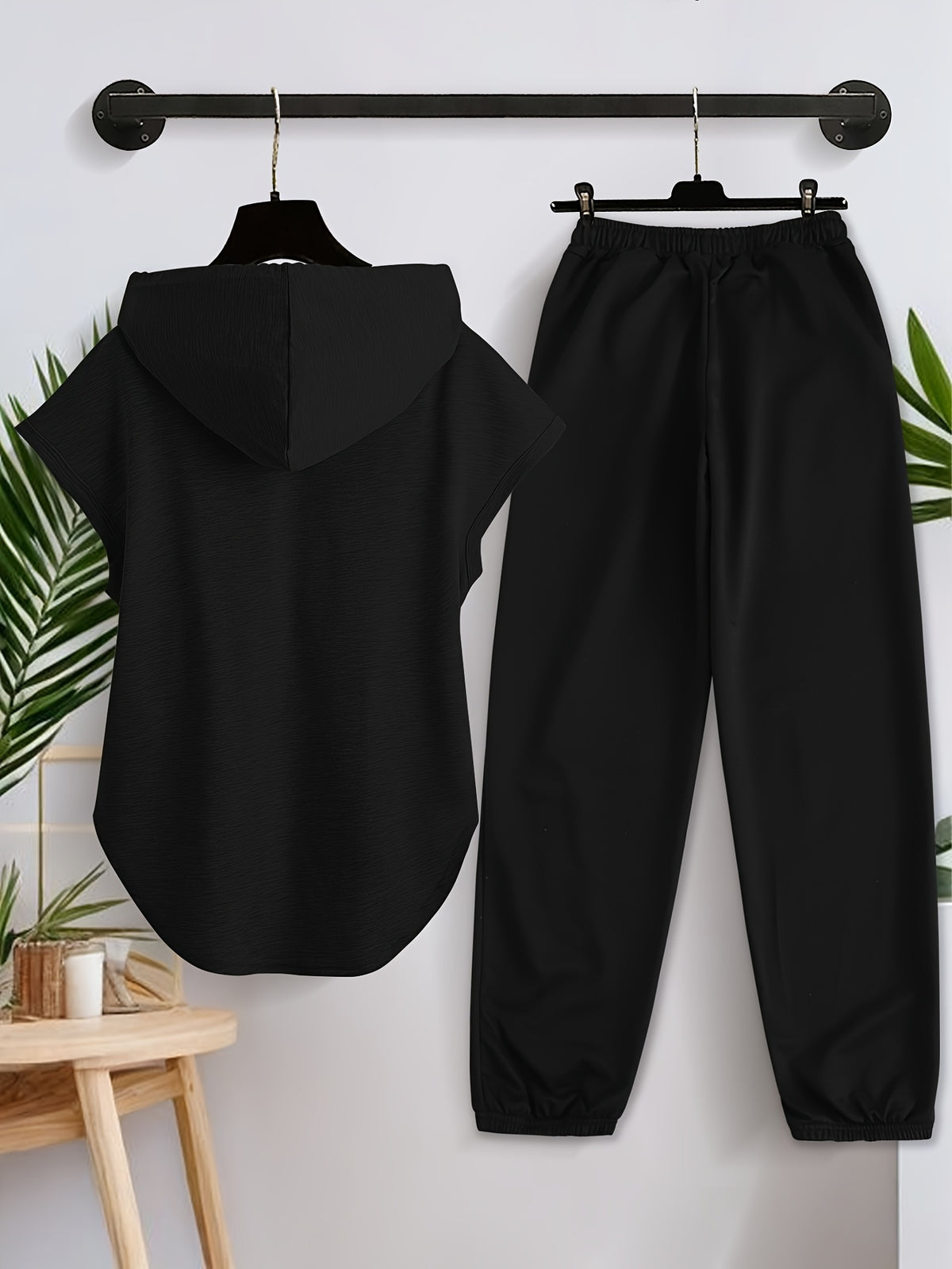 Women'S Sleeveless Hoodie And Long Pants Casual Sports Outfit X6751 - Black