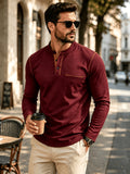 1pc Men'S Long Sleeve Henley Shirt, Stand Collar Slim Fit Casual Top, Solid Color Micro-Elastic Machine Washable Fabric, Contrast Stitching, Pocket Design Suitable for Early Autumn, for Daily, Travel, Dates - Burgundy