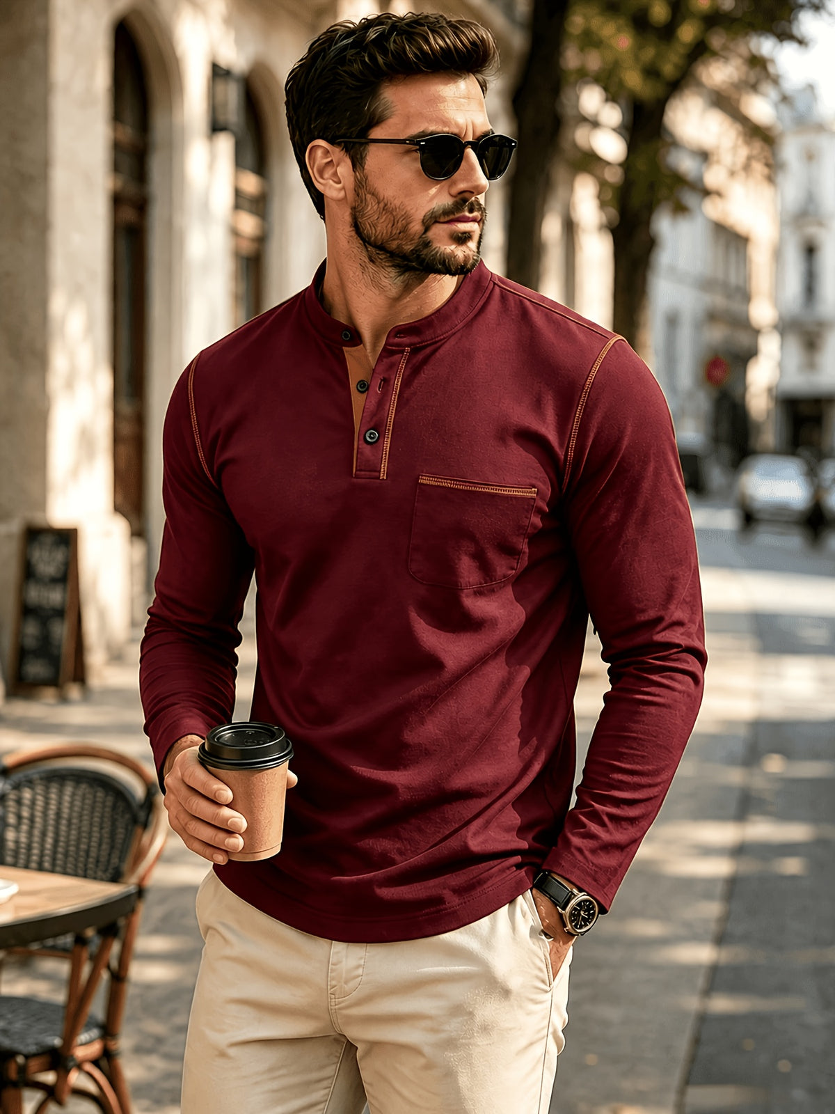 1pc Men'S Long Sleeve Henley Shirt, Stand Collar Slim Fit Casual Top, Solid Color Micro-Elastic Machine Washable Fabric, Contrast Stitching, Pocket Design Suitable for Early Autumn, for Daily, Travel, Dates - Burgundy