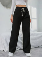 Women's Elegant High-Waisted Wide-Leg Jogger Pants - Navy Blue Tapered Ankle with Drawstring Waist & Double Pocket, All-Season Lightweight Trousers for, Lounge, Outdoor & Casual Attire, Machine Washable Casual Elegant Pants - Black