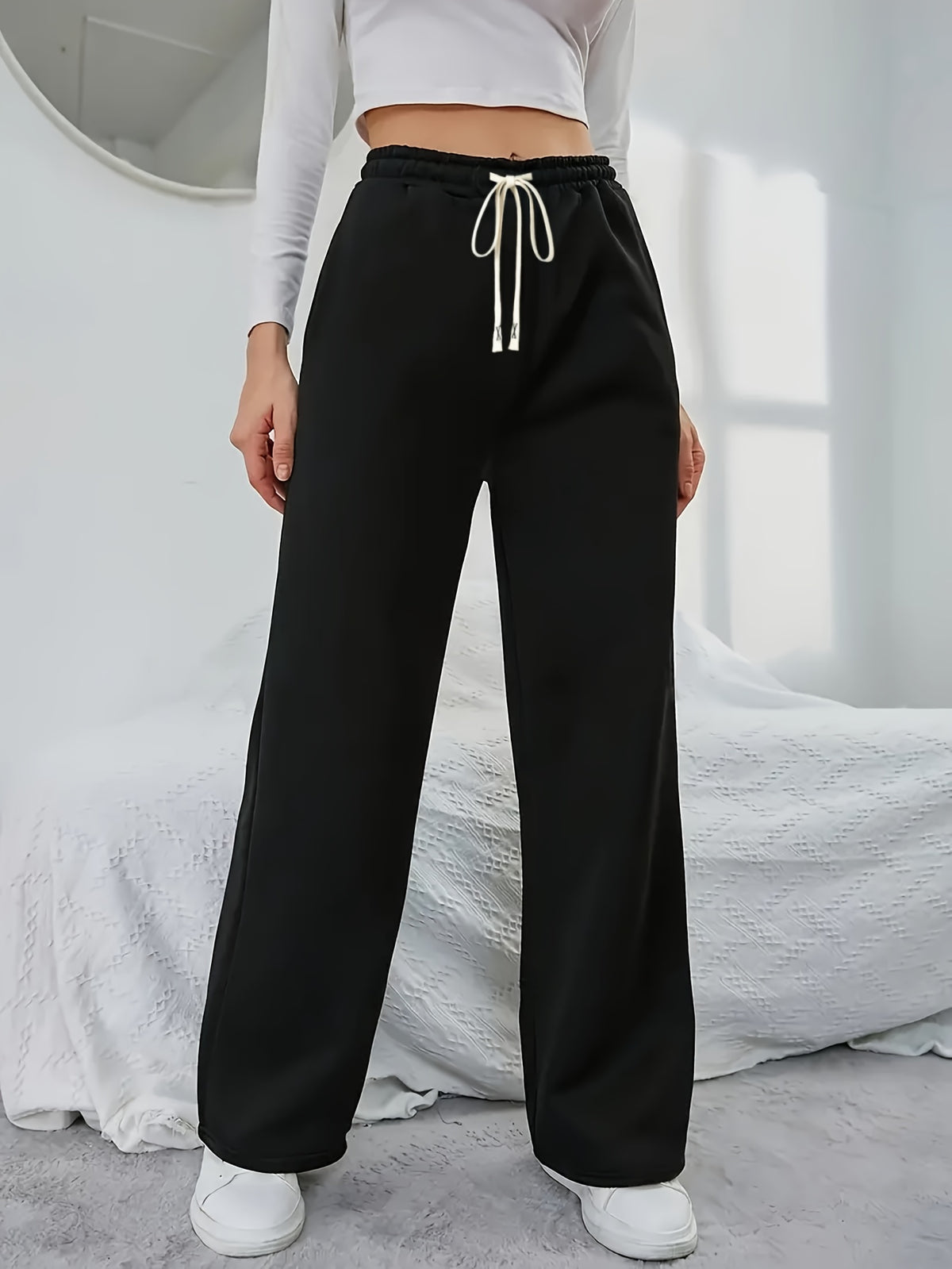 Women's Elegant High-Waisted Wide-Leg Jogger Pants - Navy Blue Tapered Ankle with Drawstring Waist & Double Pocket, All-Season Lightweight Trousers for, Lounge, Outdoor & Casual Attire, Machine Washable Casual Elegant Pants - Black