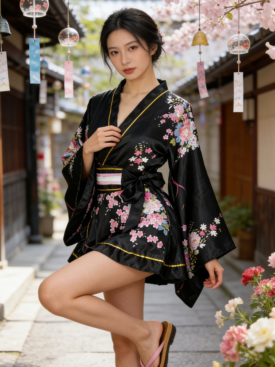 Japanese Traditional Cosplay Outfit for Women, Formal Japanese Kimono, Yukata, Sleep Robe, Shortened Modified Traditional Kimono, Cosplay Anime Photoshoot Performance Homewear, Sweet Dress and Short Skirt, Ramadan Apparel - Black