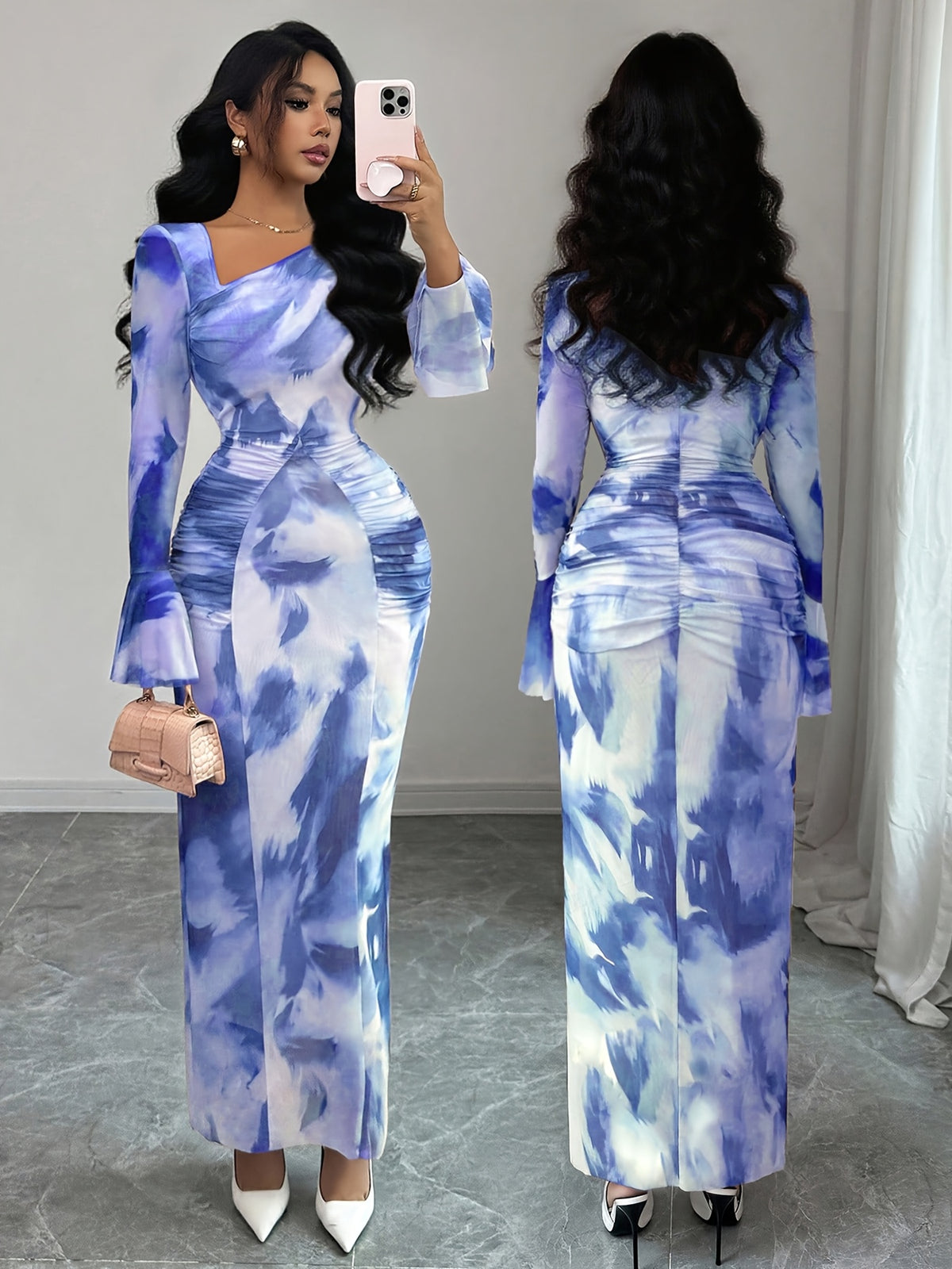 Elegant And Fashionable New Adult Women'S Autumn And Winter Floral Tie-Dye Print Notched Collar Long-Sleeved Flared Sleeve Slim Fit Waist Pleated Hip-Hugging Sexy Dating Commuting Vacation Dating Valentine'S Day Long Dress - Royal Blue
