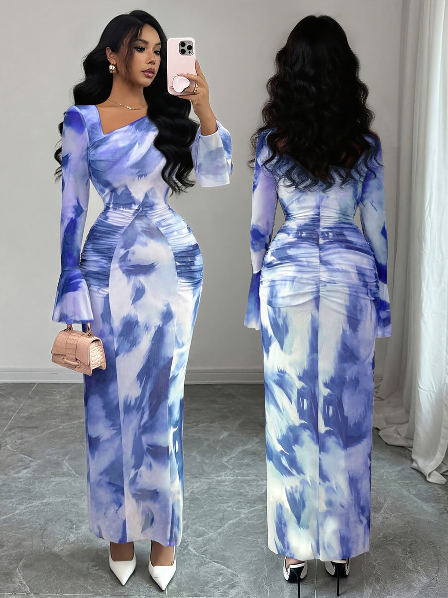 Elegant And Fashionable New Adult Women'S Autumn And Winter Floral Tie-Dye Print Notched Collar Long-Sleeved Flared Sleeve Slim Fit Waist Pleated Hip-Hugging Sexy Dating Commuting Vacation Dating Valentine'S Day Long Dress - Royal Blue
