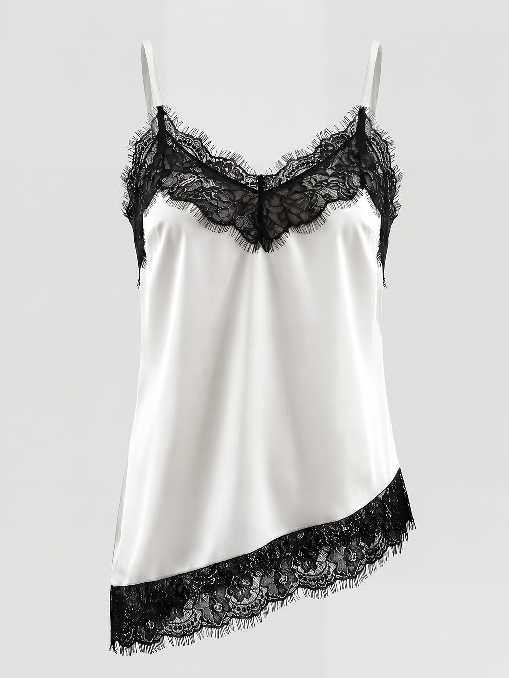 Summer Fashion Satin Crepe Spliced Lace Camisole with Irregular Hem, Elegant Casual Date Cocktail Women's Camisole Top - White