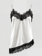 Summer Fashion Satin Crepe Spliced Lace Camisole with Irregular Hem, Elegant Casual Date Cocktail Women's Camisole Top - White