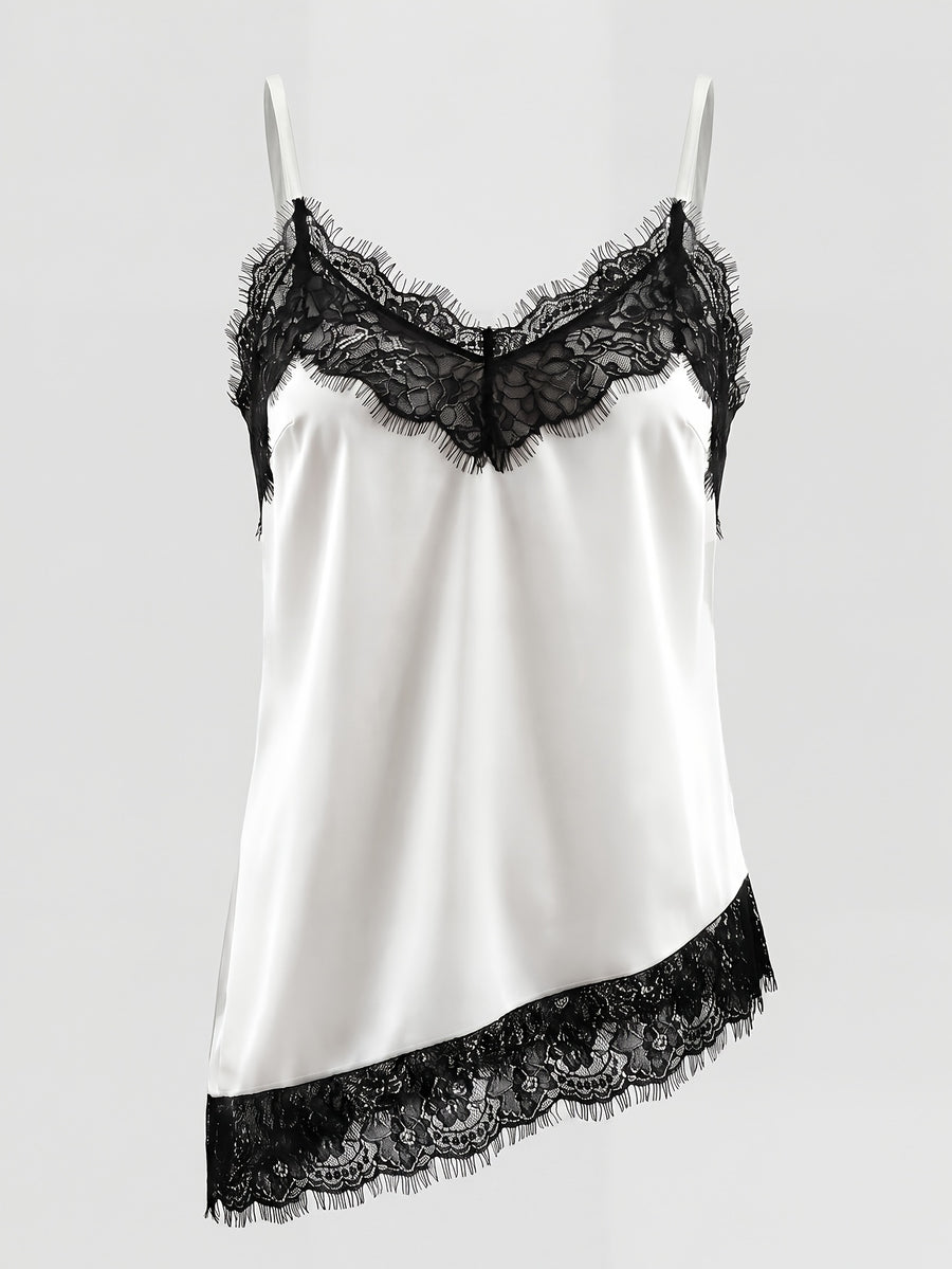 Summer Fashion Satin Crepe Spliced Lace Camisole with Irregular Hem, Elegant Casual Date Cocktail Women's Camisole Top - White
