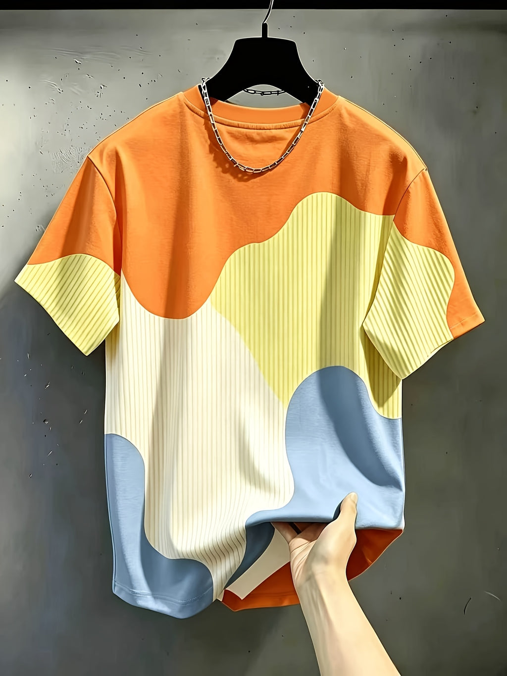 Ins Style Easy Versatile Round Neck Short Sleeve Top, Irregular Wave Color Block Chicago Letter Print Design, Fashionable Thin Breathable T-Shirt, Machine Washable Casual Short Sleeve Top - Mixed Color 3