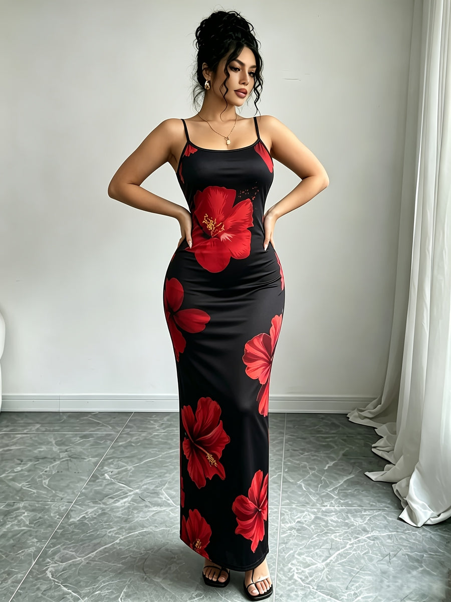 Women'S Adjustable Strap Printed Cami Dress, High-Waist Cinched -Lifting Long Skirt, Stretchy And, Suitable for Beach Vacation/Music Festival/Casual Date Wear - Red