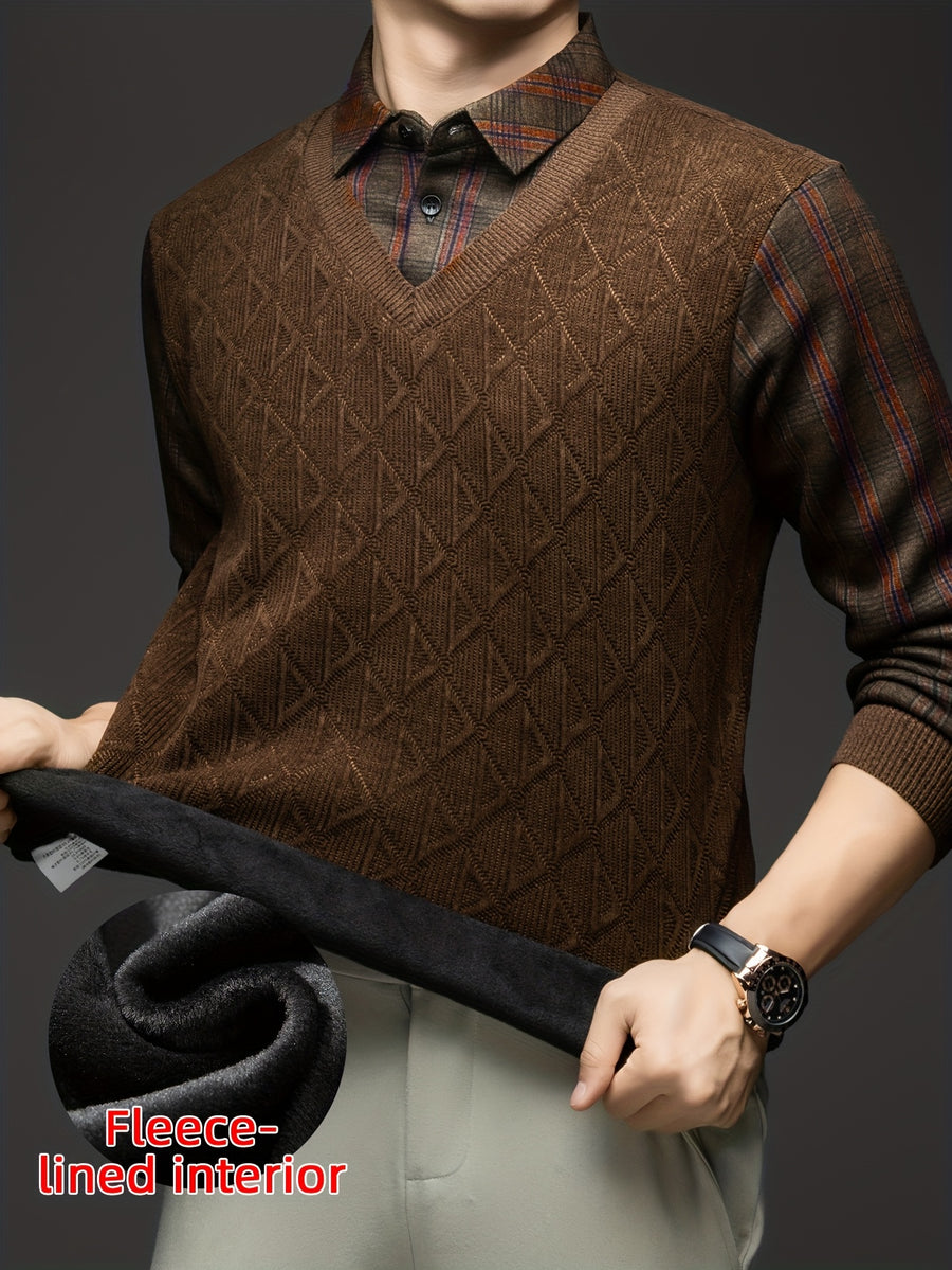 Men'S Fleece Fake Two-Piece Sweater, Plaid Lapel with Diamond Jacquard Design, Business Casual Warm Knit Top, Inner Thick Base Layer Shirt, Suitable for Men'S Commute And Casual Wear - Coffee Color