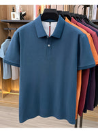 Men's Multi-Color Summer Pearl-Spun Mesh Long-Sleeve Polo Shirt with Contrast Lining and Lapel, Solid Color Simple Design, Skin-Friendly and Breathable, for Business Commuting, Daily Outings, Fishing Leisure, Mid-Life Men's Top - Lake Blue