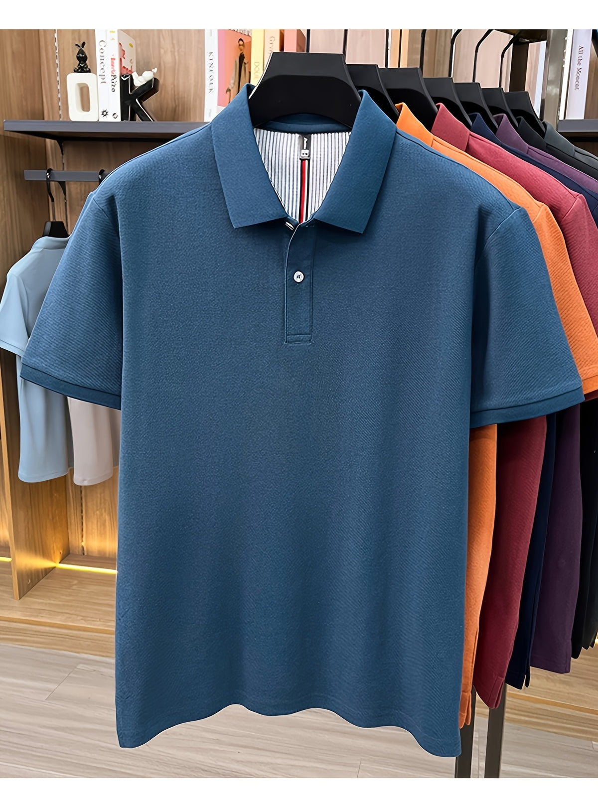 Men's Multi-Color Summer Pearl-Spun Mesh Long-Sleeve Polo Shirt with Contrast Lining and Lapel, Solid Color Simple Design, Skin-Friendly and Breathable, for Business Commuting, Daily Outings, Fishing Leisure, Mid-Life Men's Top - Lake Blue